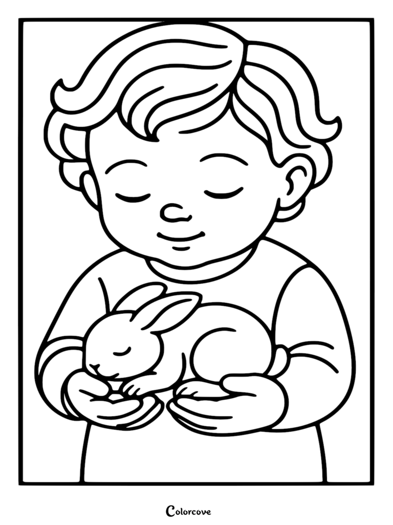 A young child with wavy hair gently cradling a small sleeping bunny in their hands, black and white coloring page.