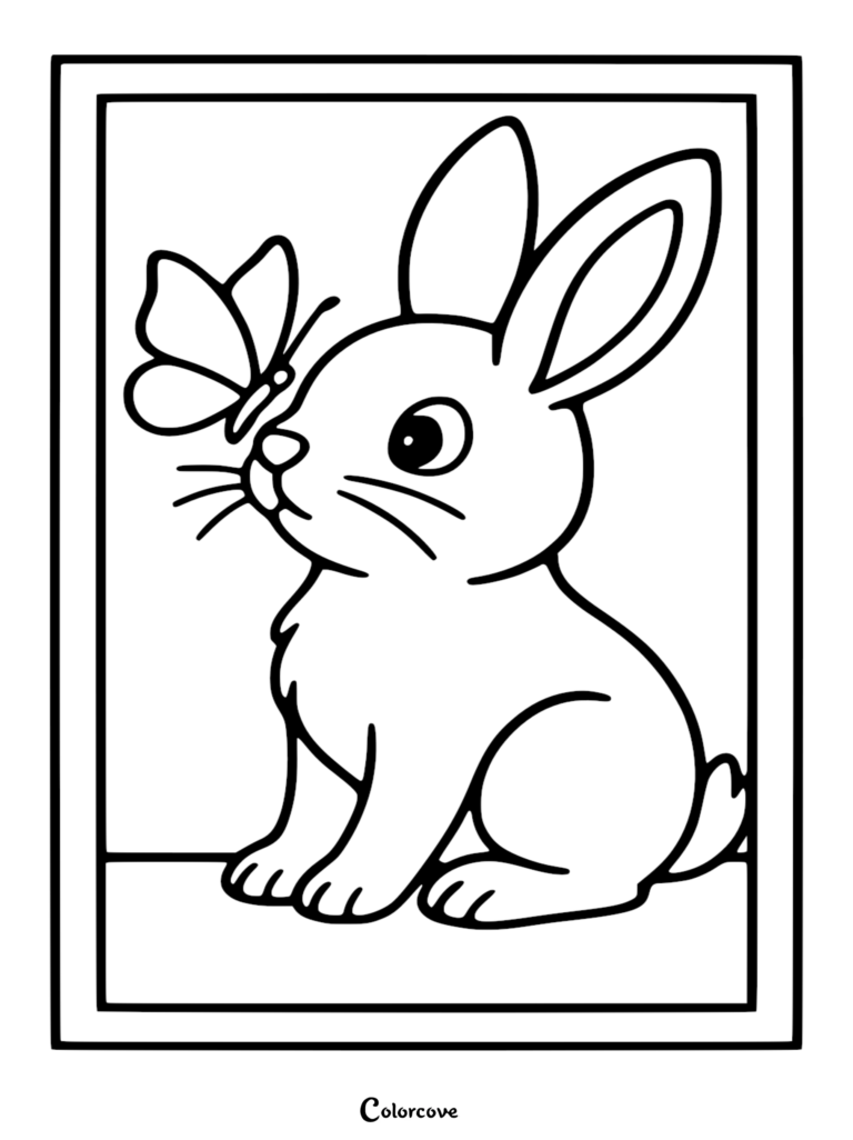 A simple coloring page featuring a cute bunny sitting and looking at a butterfly perched on its nose.