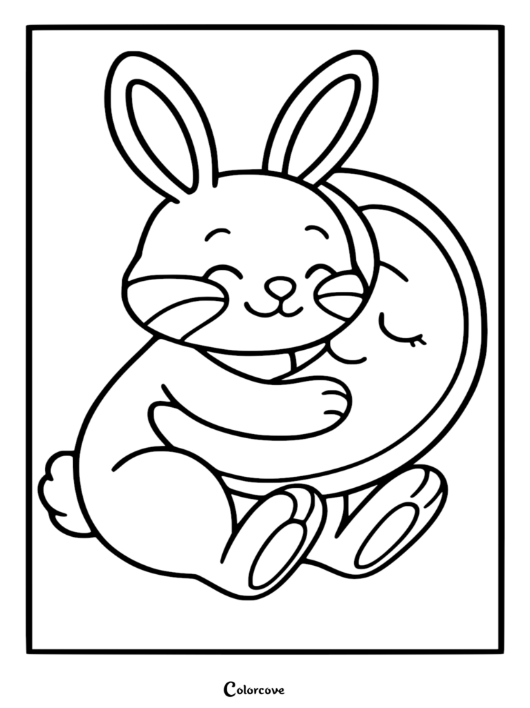 A cute bunny with long ears happily hugging a crescent moon in this printable coloring page.