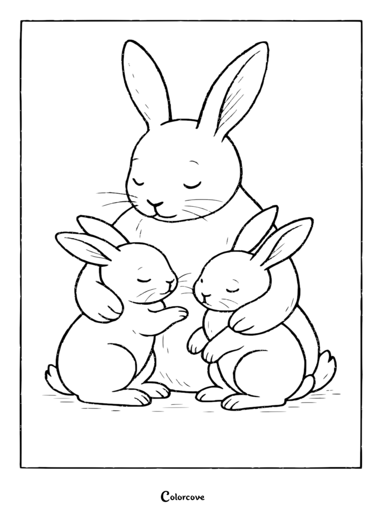A sweet coloring page featuring a mother bunny gently embracing her two small baby bunnies with closed eyes.