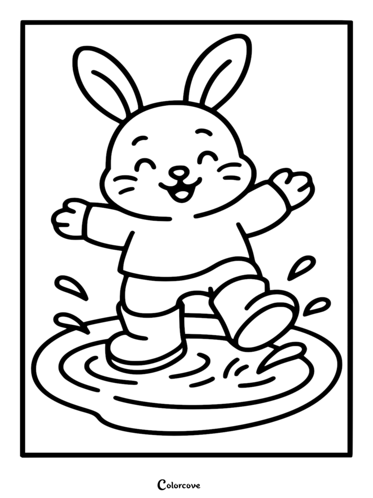 A cute bunny wearing rain boots jumping in a puddle, line art coloring page.