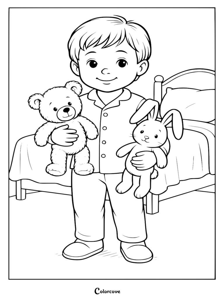 A young boy in pajamas holding a teddy bear and a cute bunny plushie, printable coloring page.