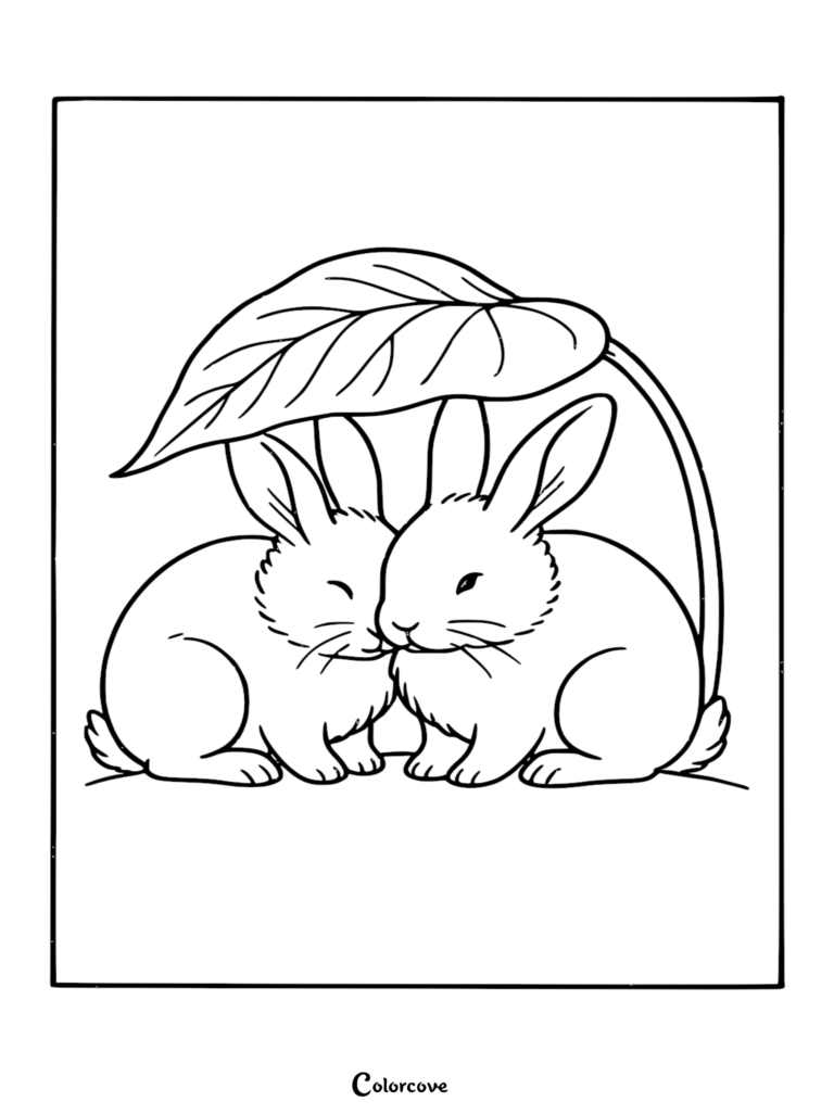 Two cute bunnies cuddling together under a large protective leaf in this printable coloring page.