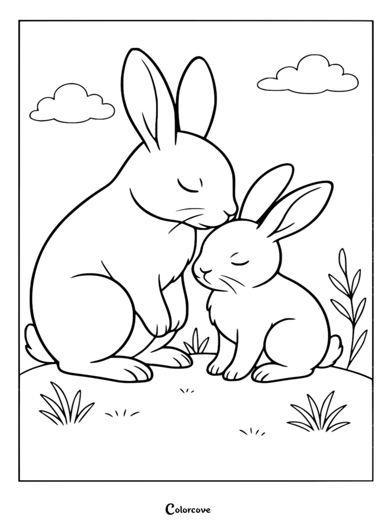 A mother bunny nuzzling her baby in a grassy field, printable coloring page with clouds and plants.