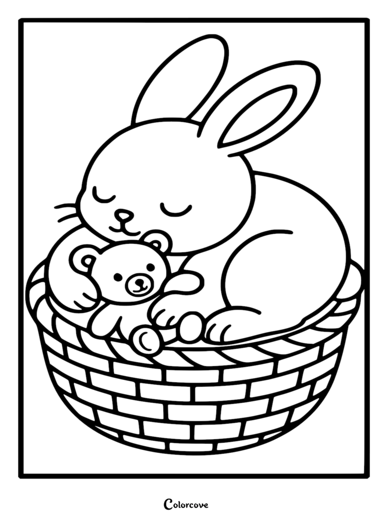 A cute bunny sleeping peacefully while hugging a small teddy bear inside a woven basket coloring page.