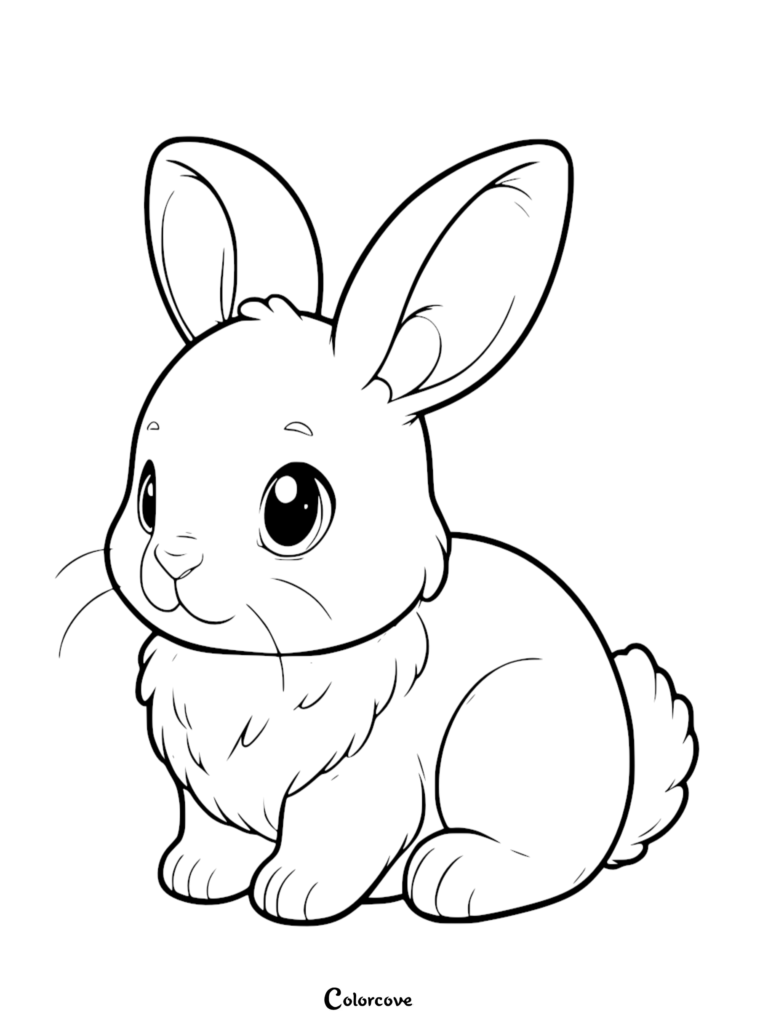 A simple line art coloring page of a fluffy bunny sitting with large expressive eyes and long ears.