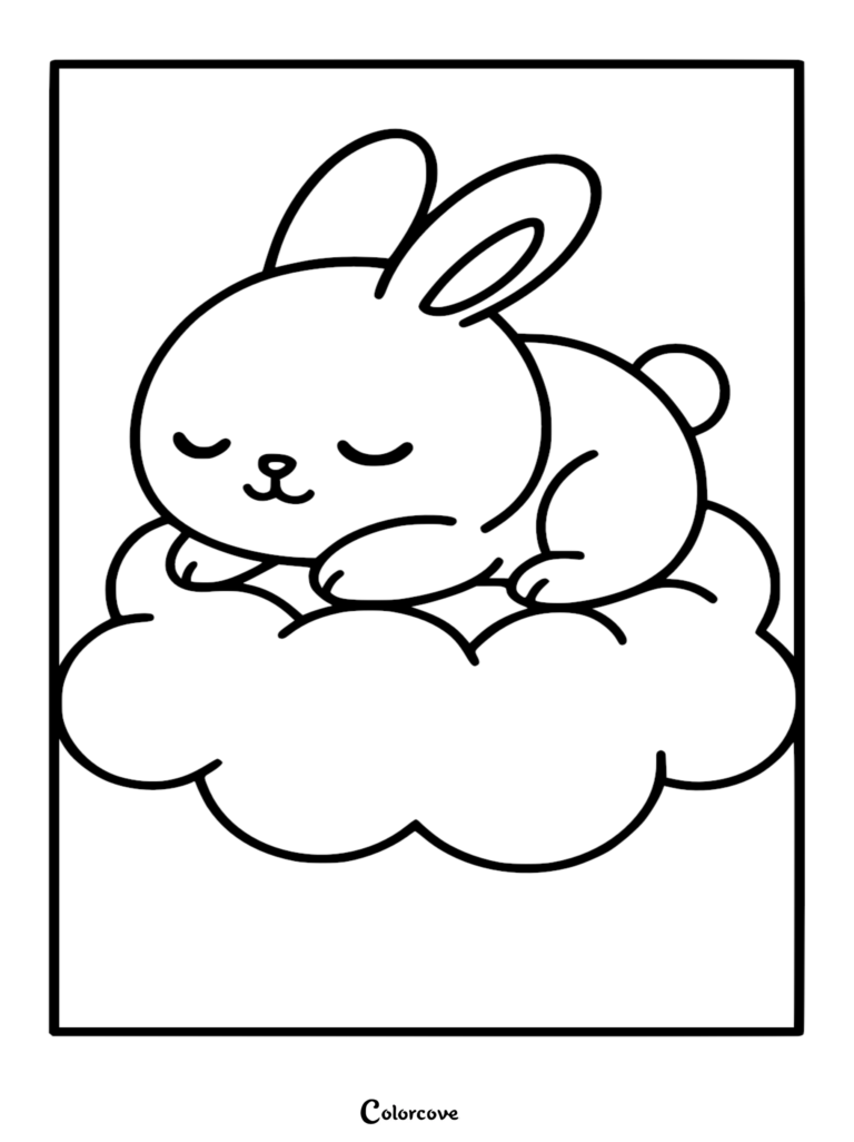 A cute bunny with closed eyes sleeping peacefully on a fluffy cloud in this printable coloring page.