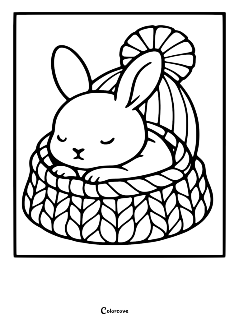 A cute bunny with closed eyes sleeping inside a cozy, thick-knit basket, coloring page style line art.