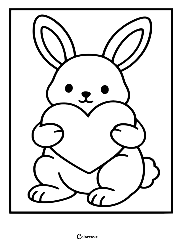 A simple line art coloring page of a cute bunny sitting and holding a large heart with both paws.
