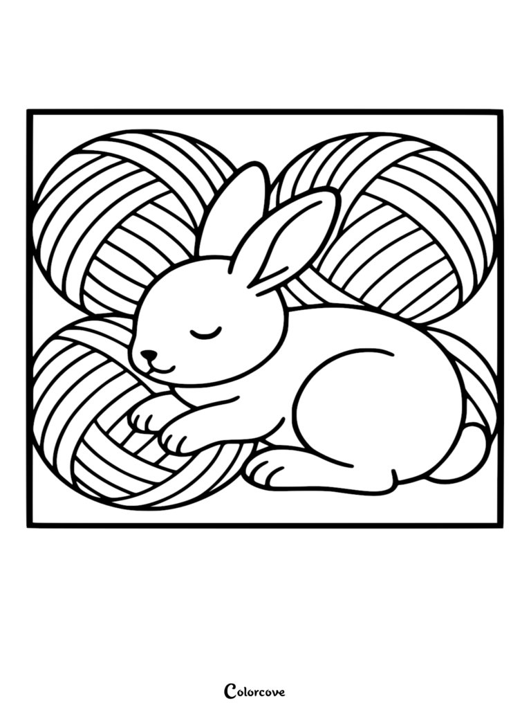 A cute bunny sleeping peacefully nestled between three large balls of yarn in this printable coloring page.