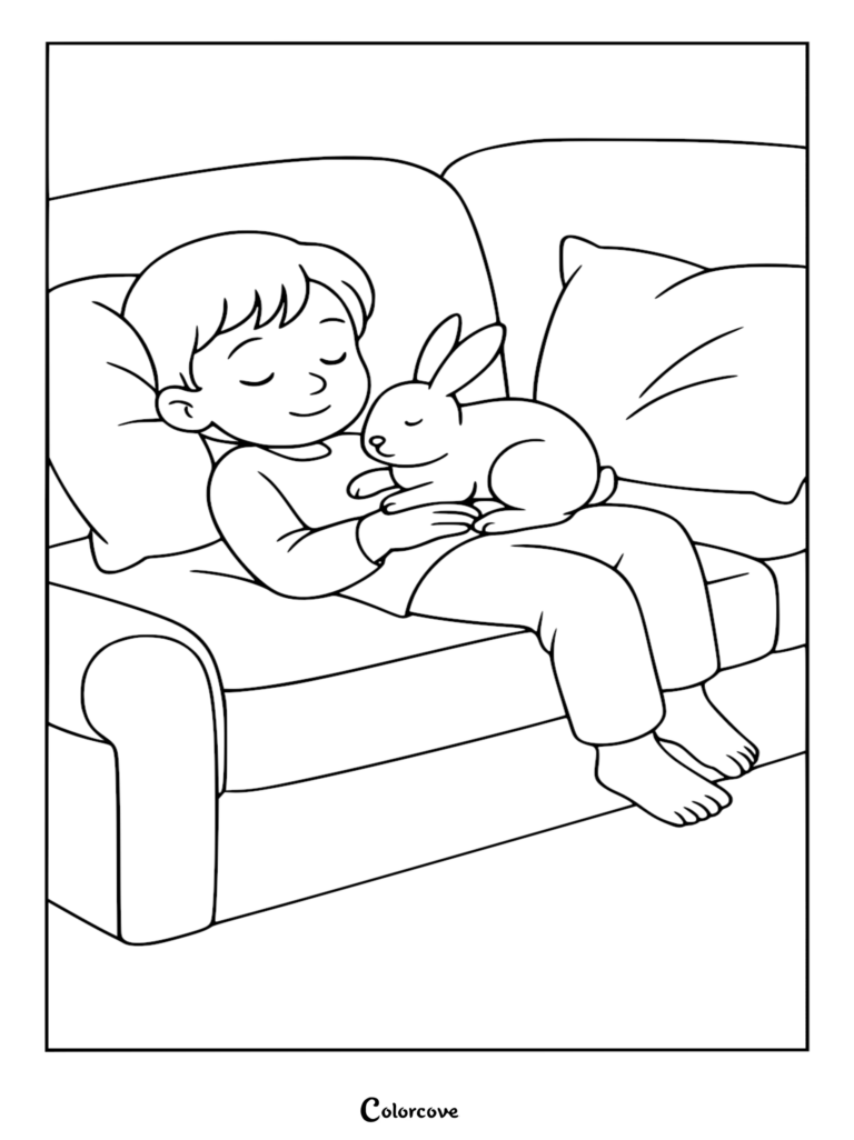 A boy and a cute bunny sleeping together on a couch in this printable coloring page.