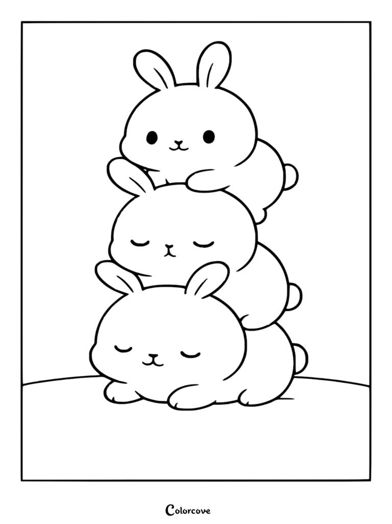 Three adorable bunnies stacked vertically in a tower, with the top bunny awake and the bottom two sleeping, simple line art coloring page.