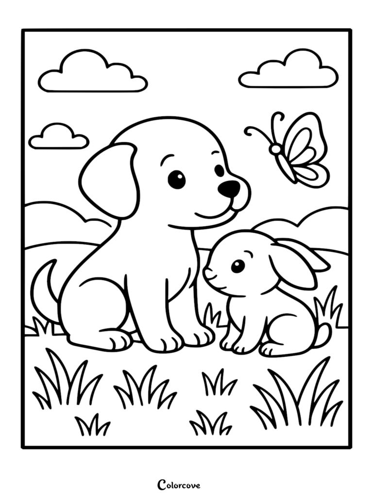 A puppy and a cute bunny sitting in a grassy field with a butterfly, coloring page style line art.
