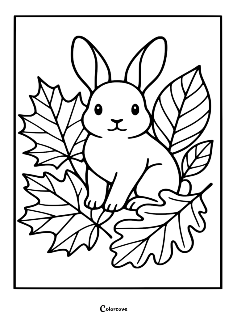 A cute bunny sitting among large maple and oak leaves in this printable coloring page.