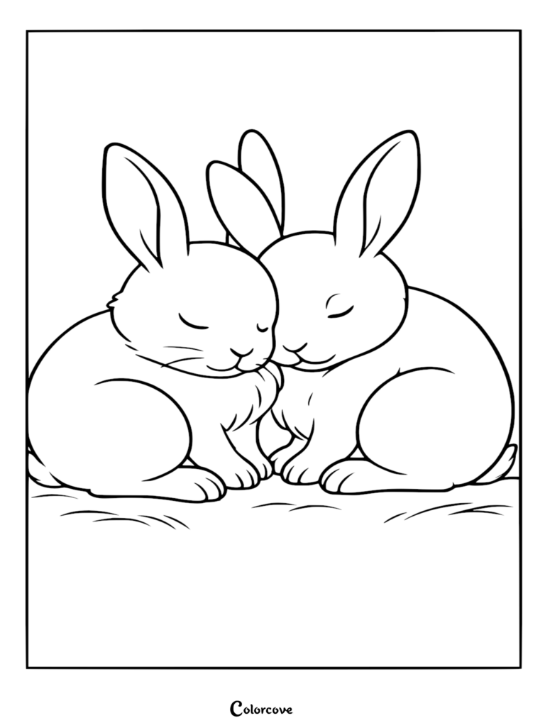 A printable coloring page featuring two cute bunnies snuggled together with eyes closed in a peaceful nap.