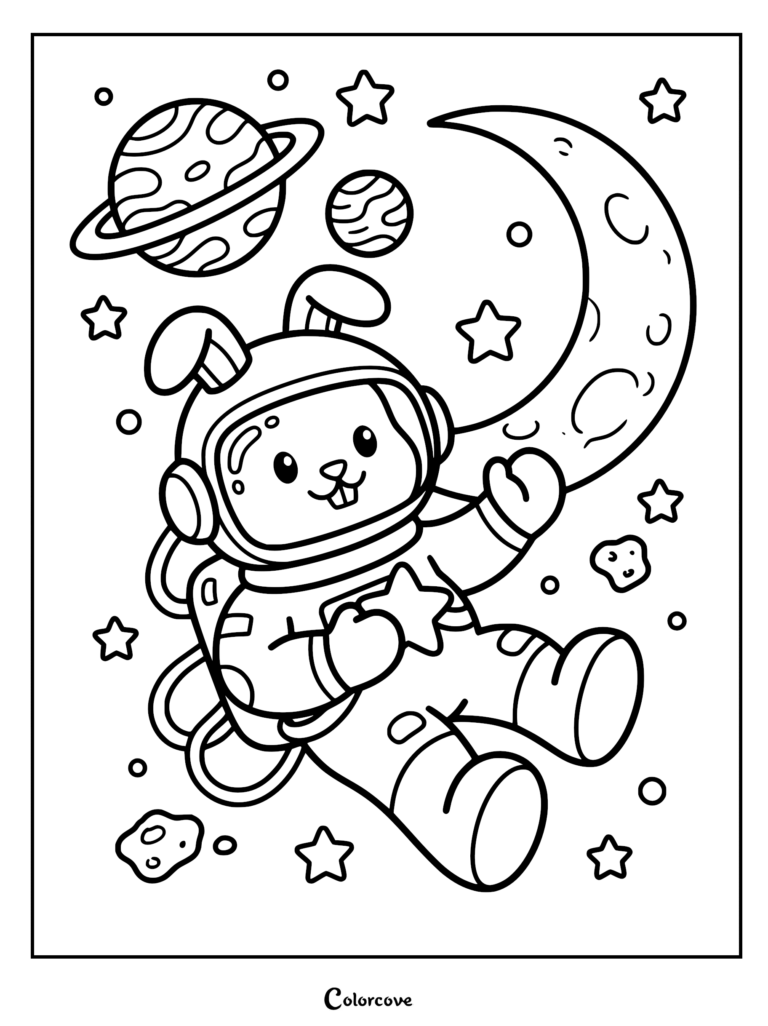cute bunny astronaut floating in space holding a star.