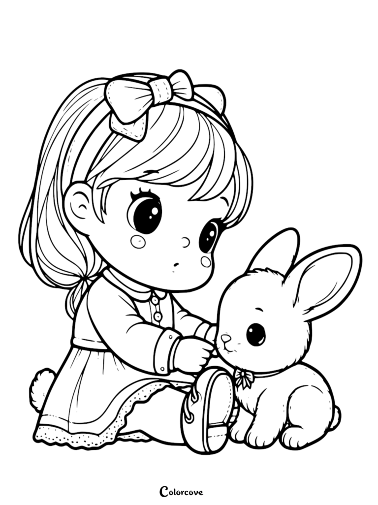 A girl with a bow in her hair petting a small bunny, printable coloring page.