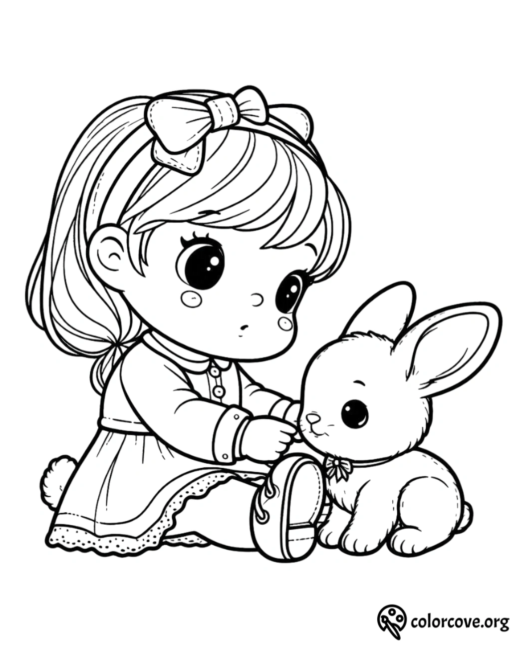 a cartoon of a girl petting a bunny