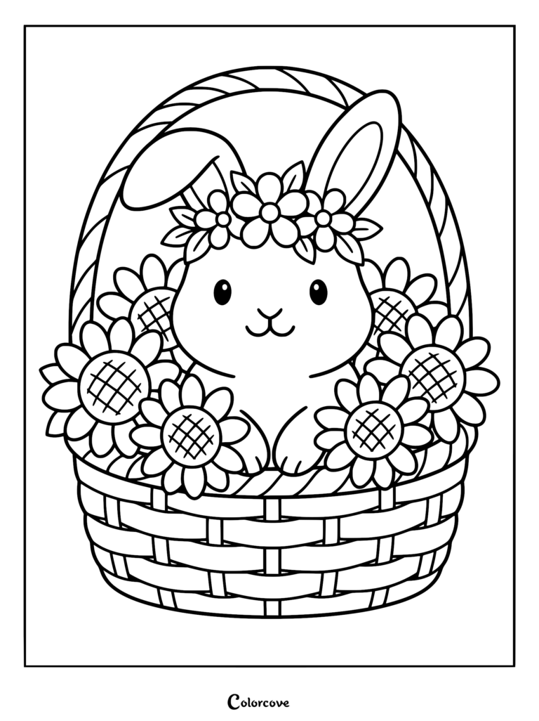 A cute bunny wearing a flower crown sitting inside a woven basket filled with sunflowers in this printable coloring page.