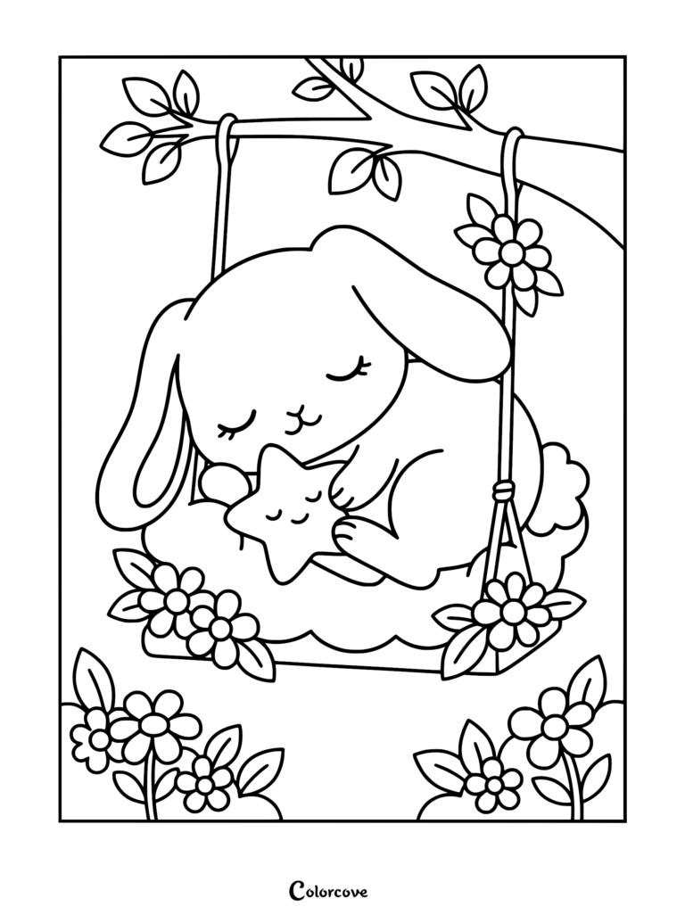 A cute bunny sleeping peacefully while hugging a smiling star on a flower-decorated swing, printable coloring page.