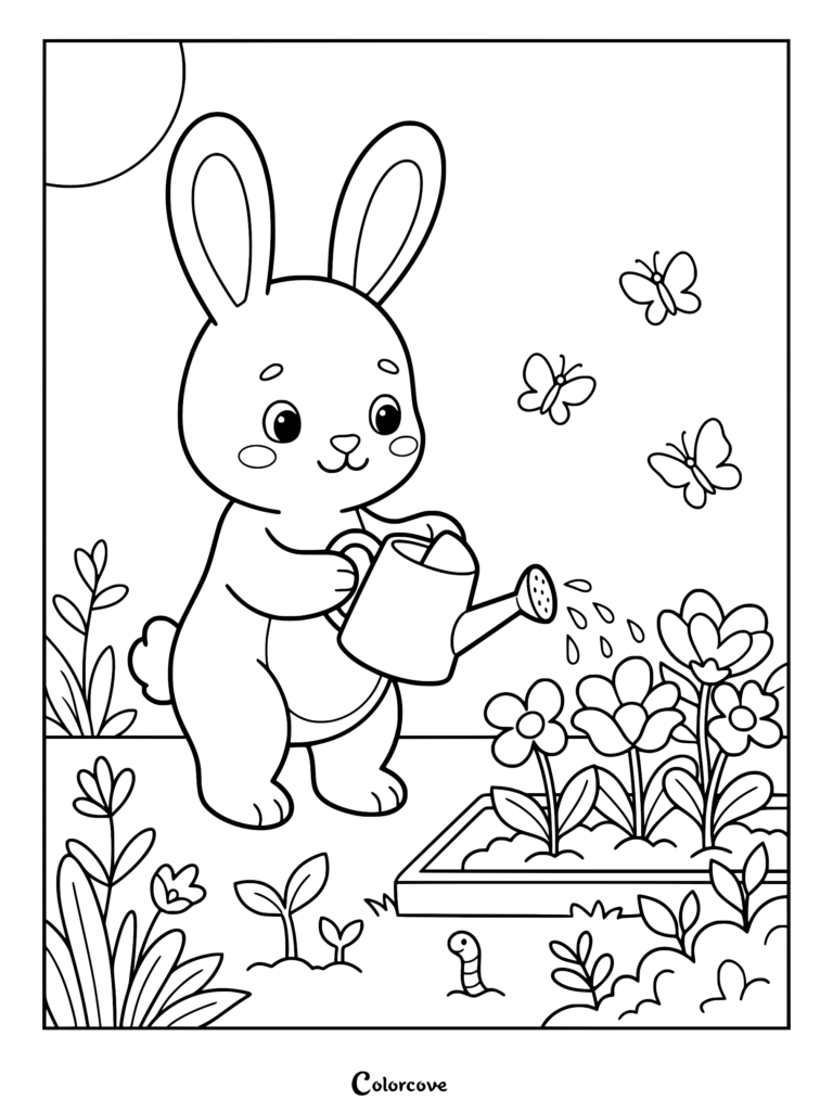 A cute bunny holding a watering can to nourish flowers in a garden, featured in this printable coloring page with butterflies and a worm.