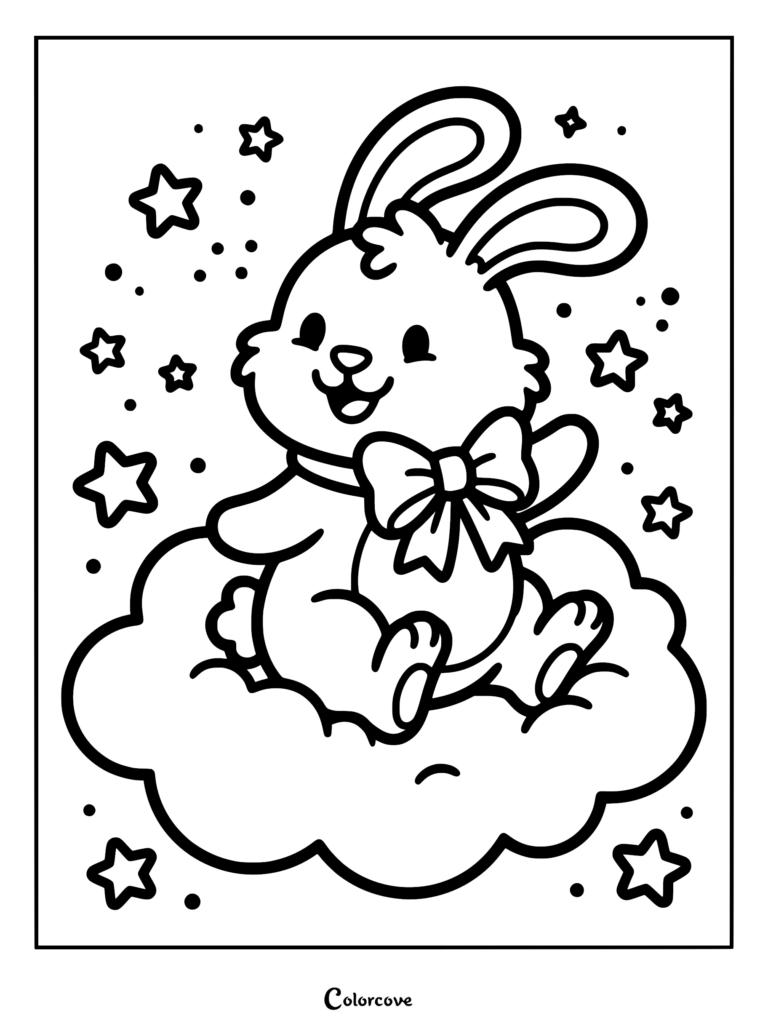 A cute bunny wearing a large bow sitting on a fluffy cloud surrounded by stars in this printable coloring page.