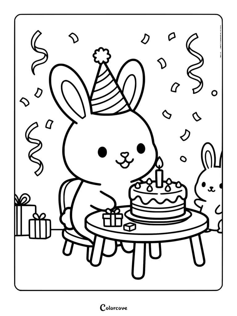 A cute bunny wearing a party hat sits at a table with a birthday cake while another small bunny watches, featured in this printable coloring page.