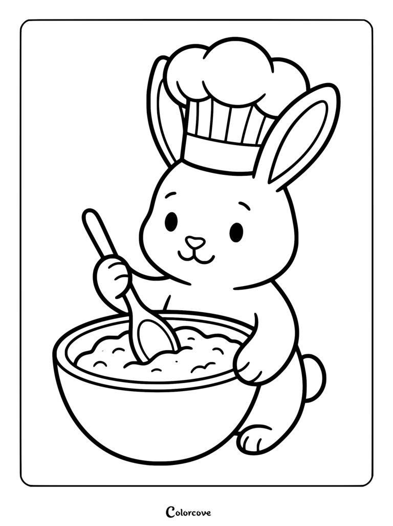A cute bunny wearing a chef hat stirring a large mixing bowl in this printable coloring page.
