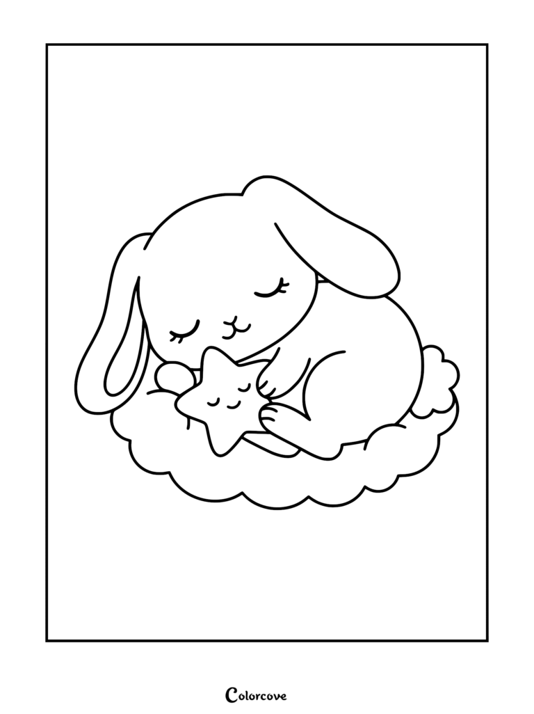 bunny sleeps on a cloud holding a star.