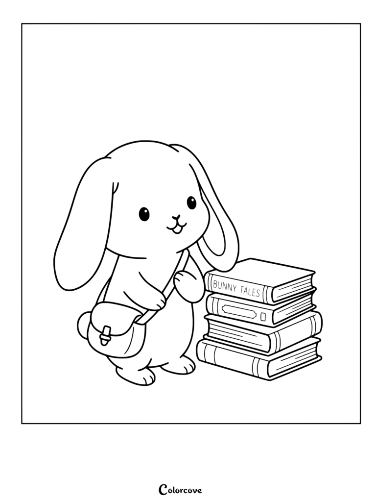 A cute bunny wearing a satchel standing next to a stack of books in this printable coloring page.