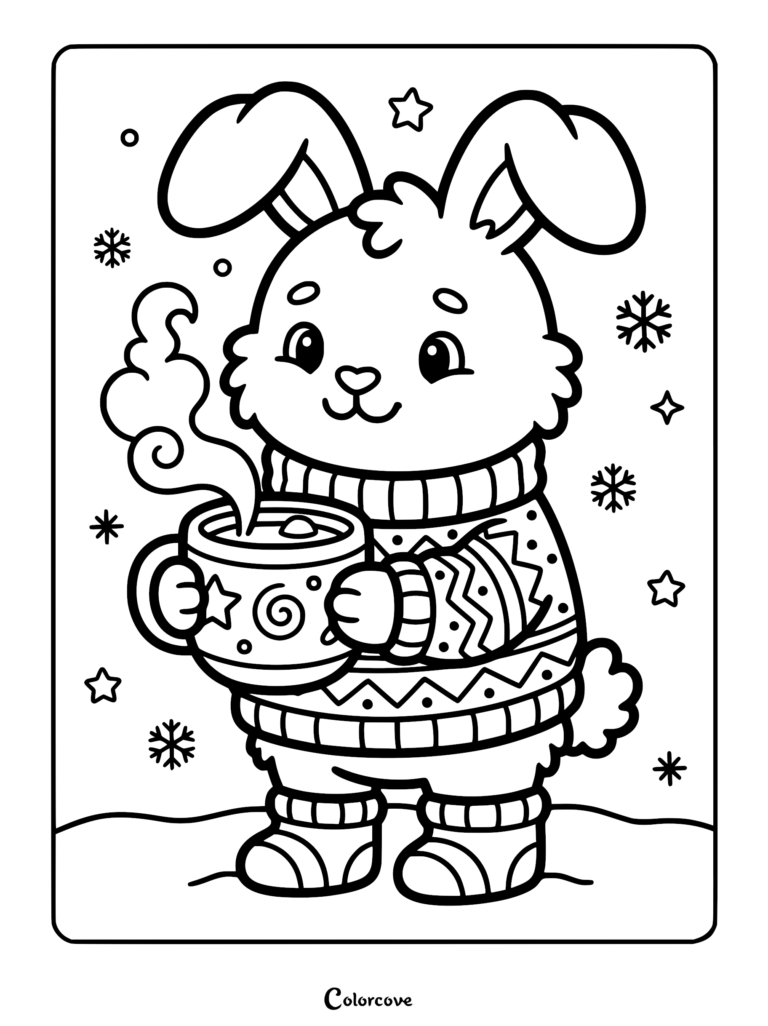 A cute bunny wearing a patterned winter sweater and boots holding a steaming mug of cocoa in a snowy setting, printable coloring page.
