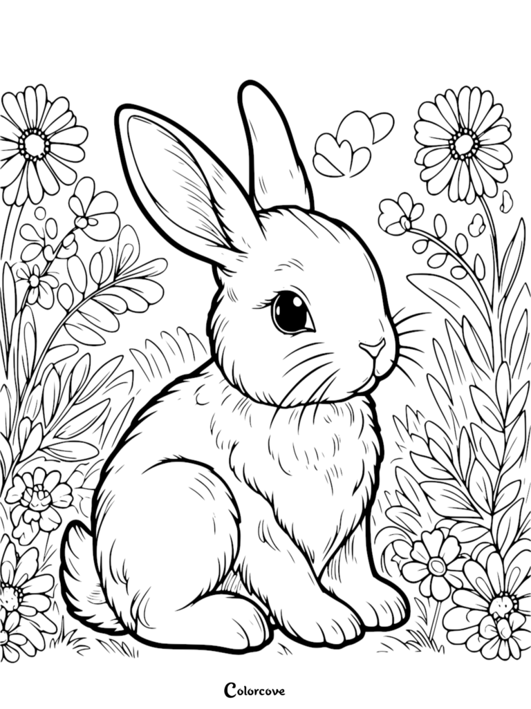 A cute bunny sitting in a field of daisies and wildflowers, line art coloring page.
