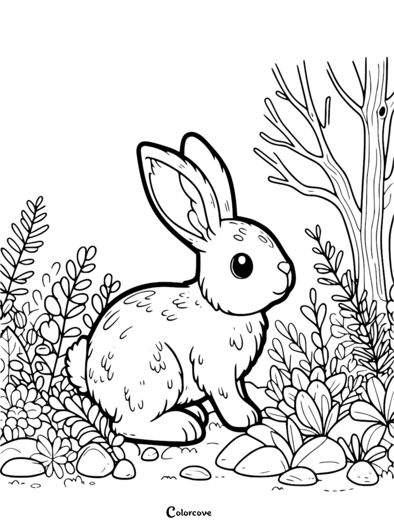 A cute bunny sitting in a forest clearing with detailed foliage and a tree, printable coloring page.