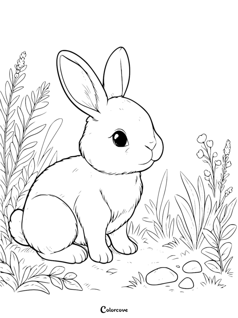 A cute bunny sitting in a garden with tall grass and wildflowers, detailed line art coloring page.