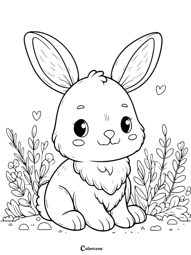 fluffy bunny sits peacefully among garden plants and hearts.