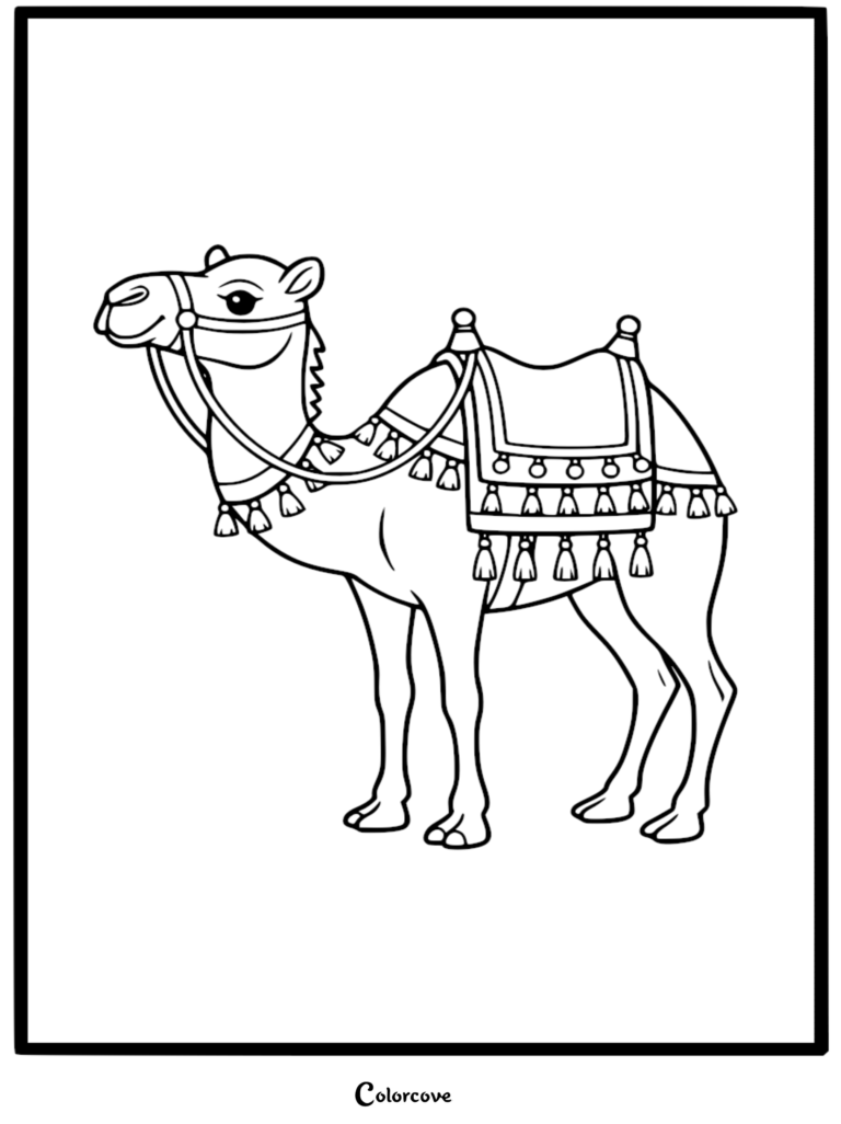 A cute camel wearing a decorative saddle and bridle in this free printable coloring page.