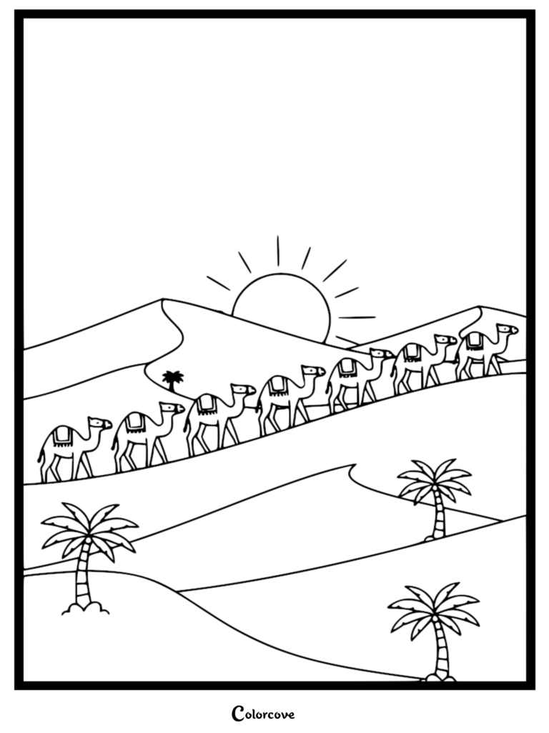 A line of cute camels walking across desert sand dunes under a sun in this printable coloring page.