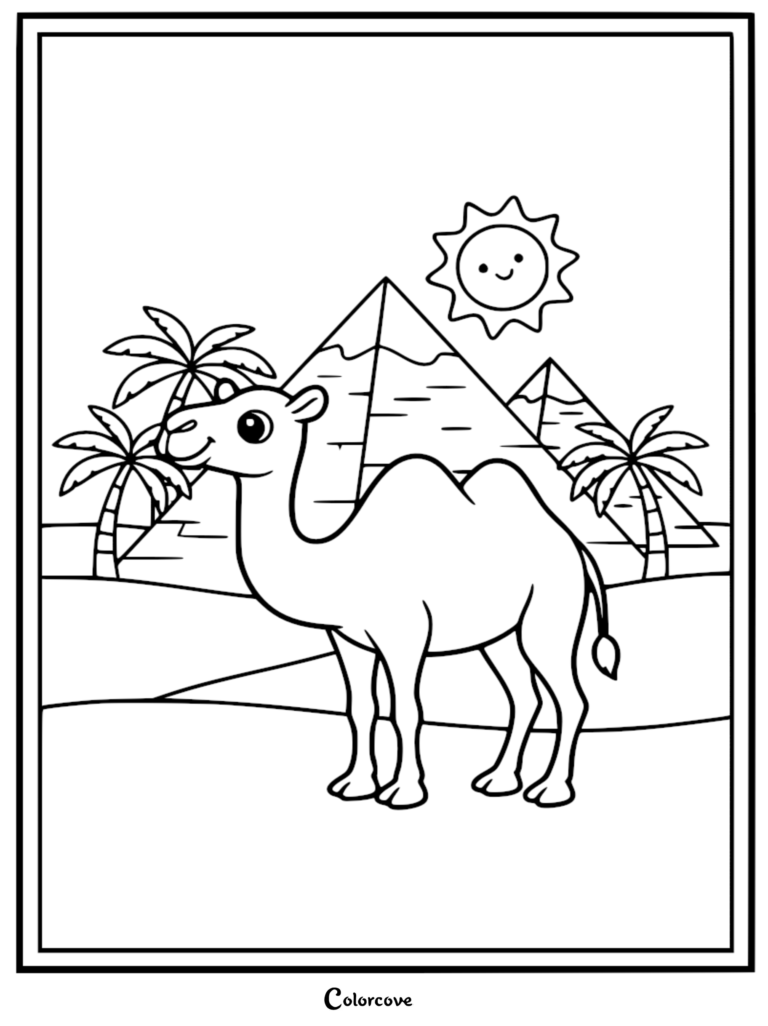 A cute camel standing in a desert scene with pyramids, palm trees, and a smiling sun in this free printable coloring page.