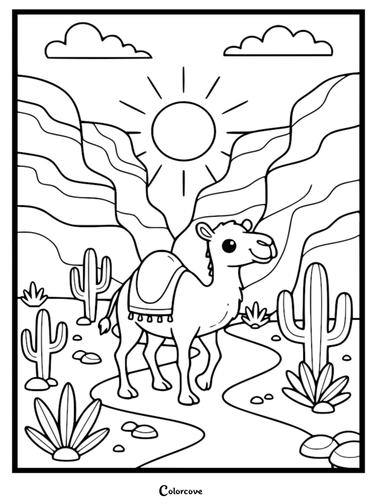 A cute camel standing in a desert landscape with cacti, mountains, and a bright sun in this printable coloring page.