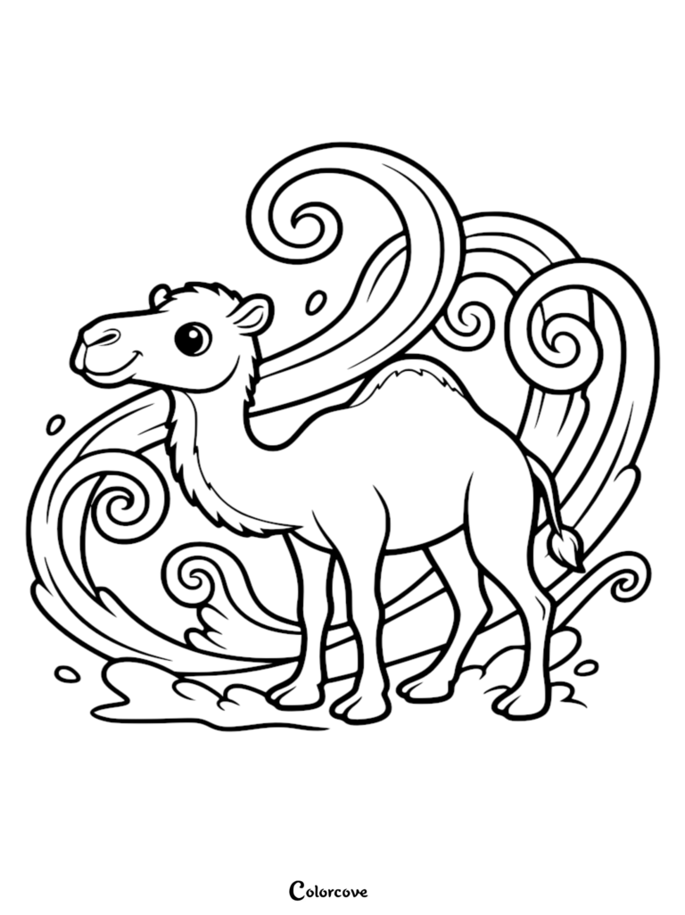 A cute camel standing in front of swirling desert wind patterns in this free printable coloring page.