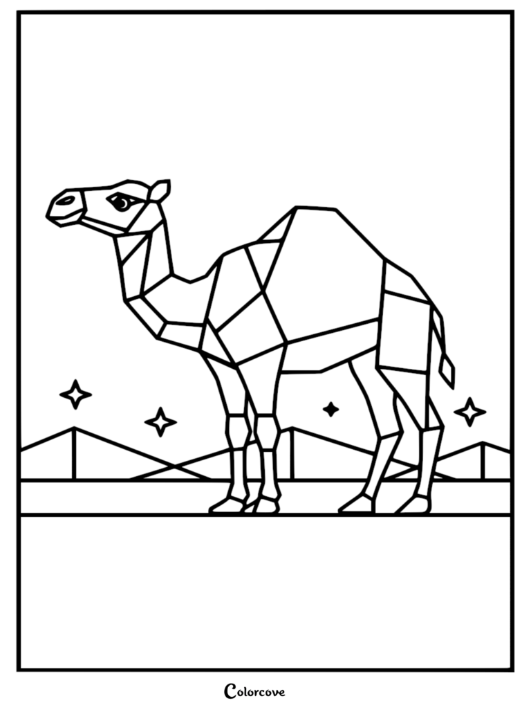Geometric style cute camel coloring page featuring a desert landscape with stars and pyramids in the background.