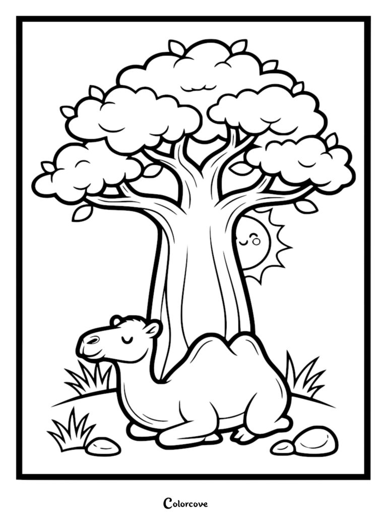 A cute camel resting under a large tree with a smiling sun in the background, printable coloring page.