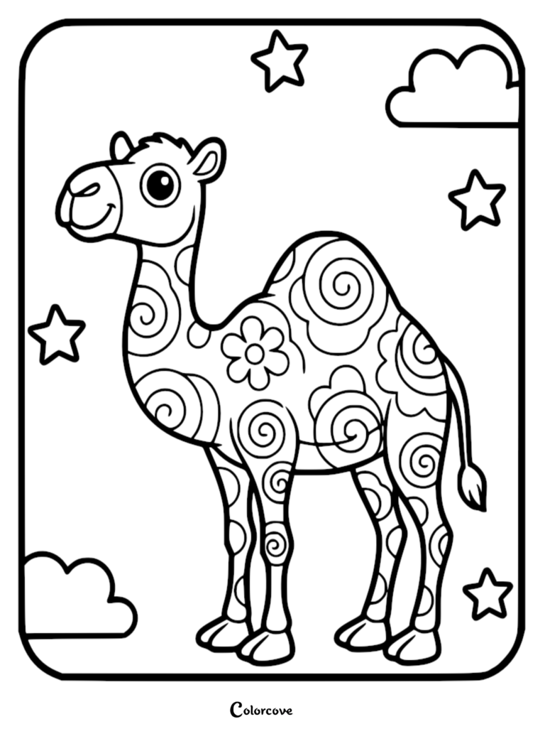 Cute Camel coloring page featuring a camel with floral and swirl patterns standing under stars and clouds.