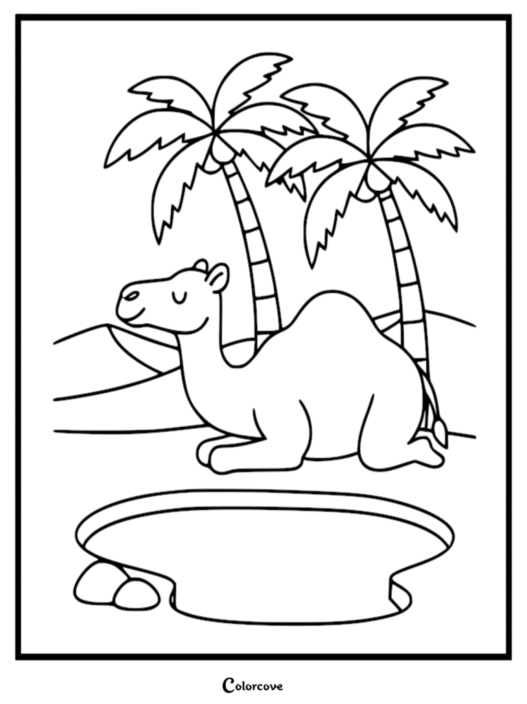 A cute camel resting by a desert oasis with two palm trees in this free printable coloring page.