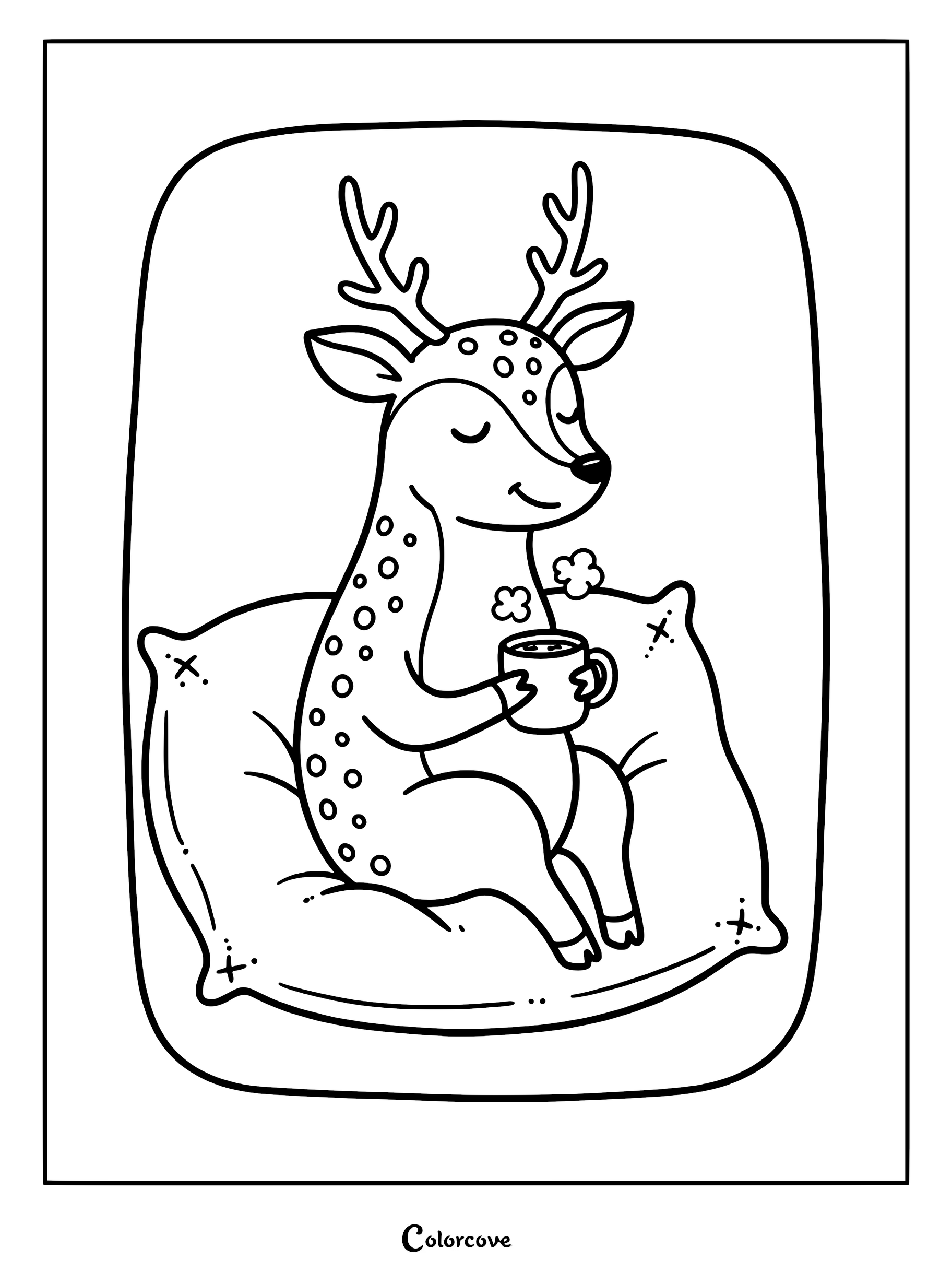 A cute deer with antlers sitting on a soft pillow while holding a steaming mug of cocoa in this printable coloring page.