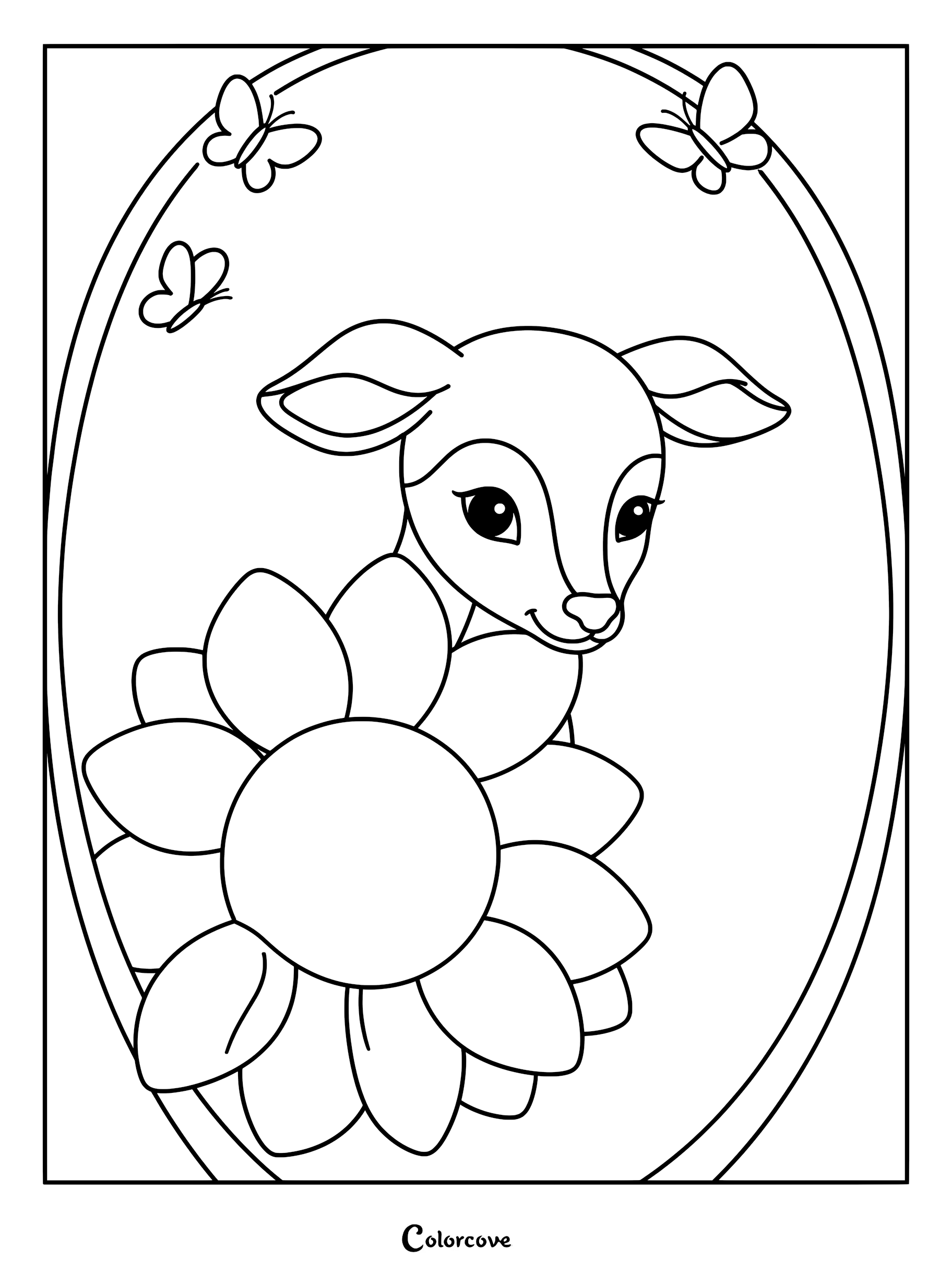 A cute deer peeking from behind a large sunflower inside an oval frame with three butterflies, printable coloring page.