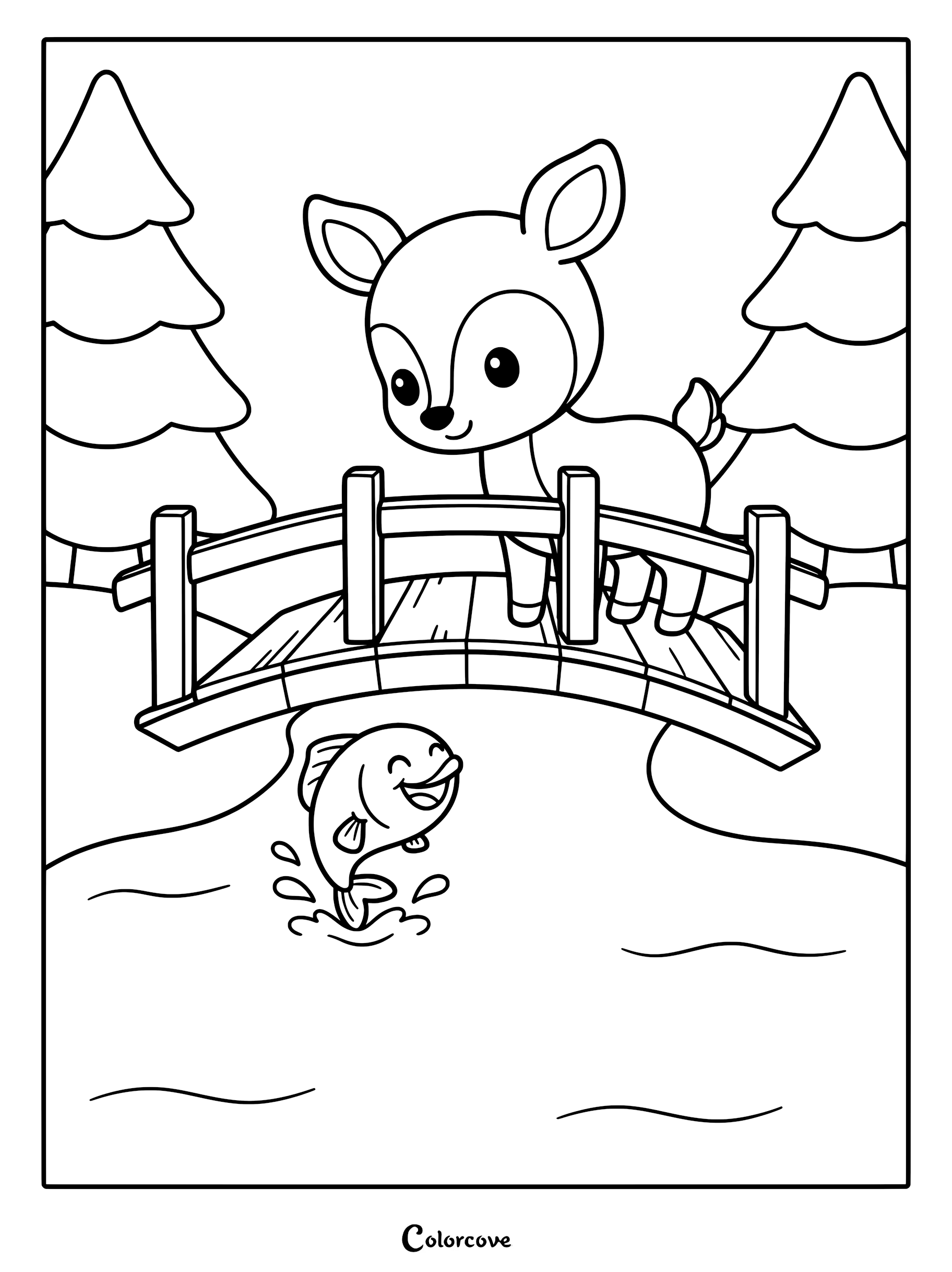 Cute deer standing on a wooden bridge watching a happy fish jump out of the water in this printable coloring page.