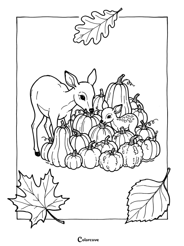 A mother deer and her spotted fawn standing among a large pile of pumpkins and gourds in this autumn themed coloring page.