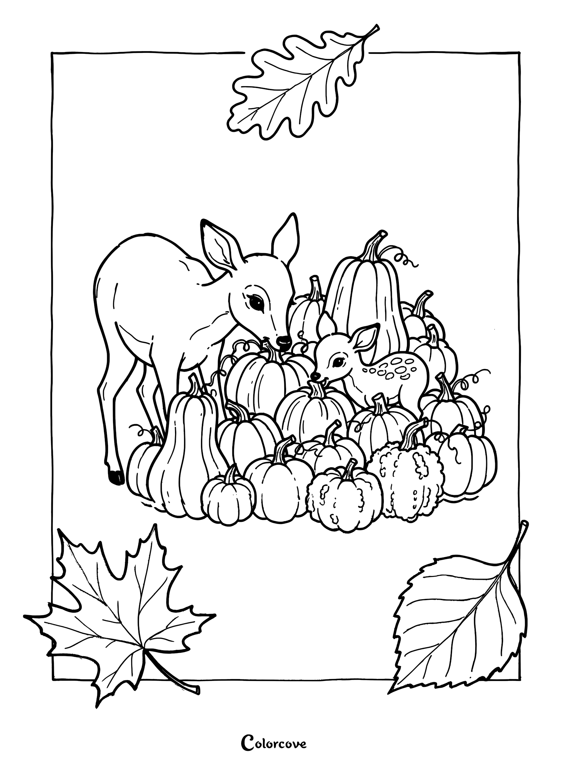 A mother deer and her spotted fawn standing among a large pile of pumpkins and gourds in this autumn themed coloring page.