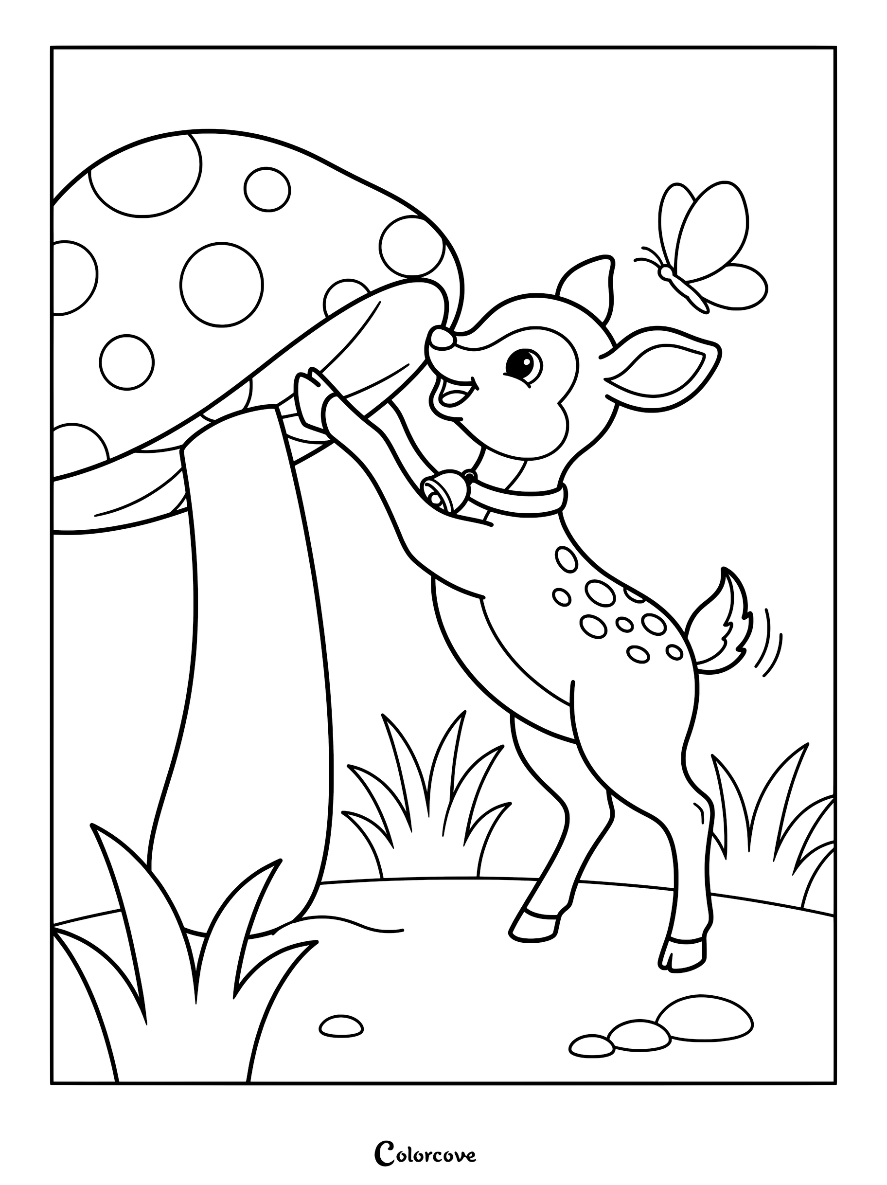 A cute deer wearing a bell collar reaches up to touch a large spotted mushroom while a butterfly flies nearby in this printable coloring page.
